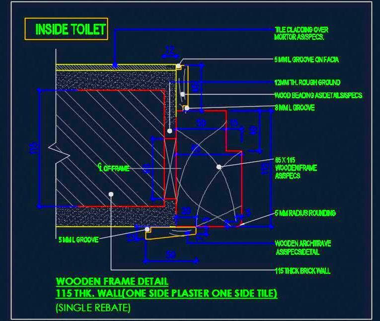 Door Frame Sectional Detail CAD- 115mm Wall, Plaster & Tile